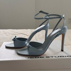 Black Suede Studio Albie 100 Blue Fog Satin Heeled Sandals